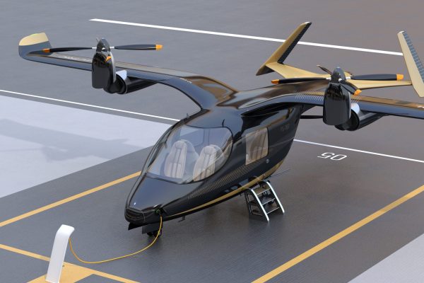 Black Electric VTOL passenger aircraft charging on the station. Airport background. 3D rendering image.